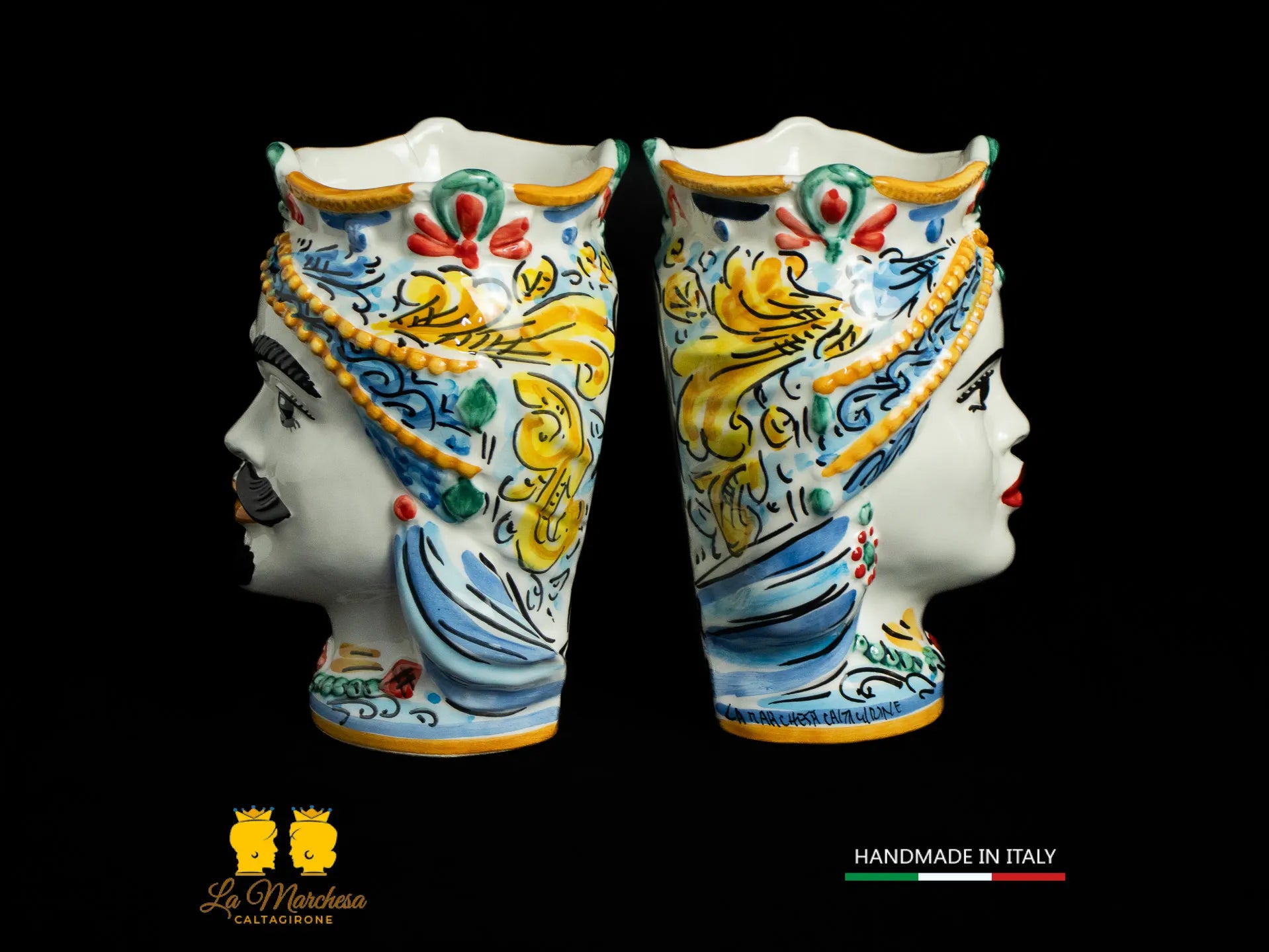 Teste di Moro da muro Ceramica di Caltagirone ornato blu antico 19cm