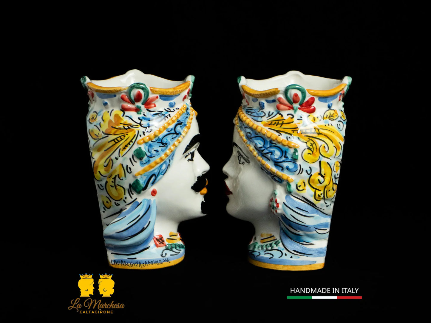 Teste di Moro da muro Ceramica di Caltagirone ornato blu antico 19cm