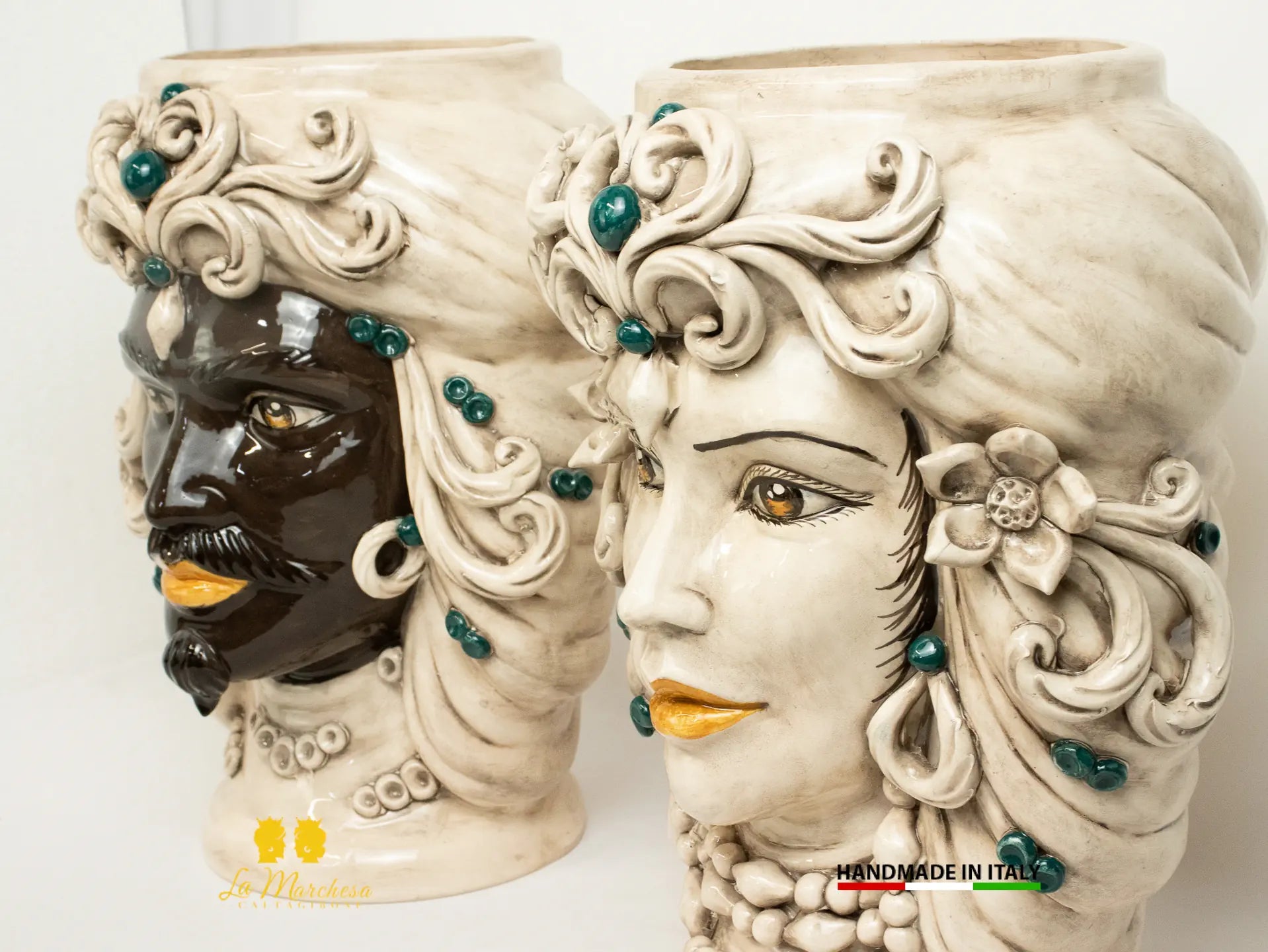 Teste di Moro in Ceramica di Caltagirone Etna fumè dettagli colorati - vari modelli
