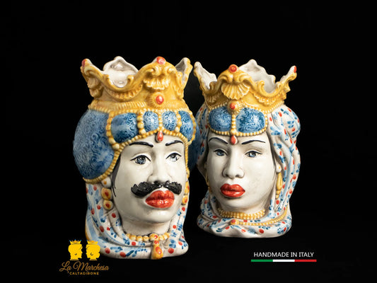 Teste di Moro Ceramica di Caltagirone Barocco decoro '600 blu antico 25cm