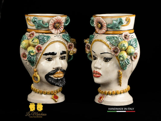 Teste di Moro Ceramica di Caltagirone applicazioni fiori e frutta h40