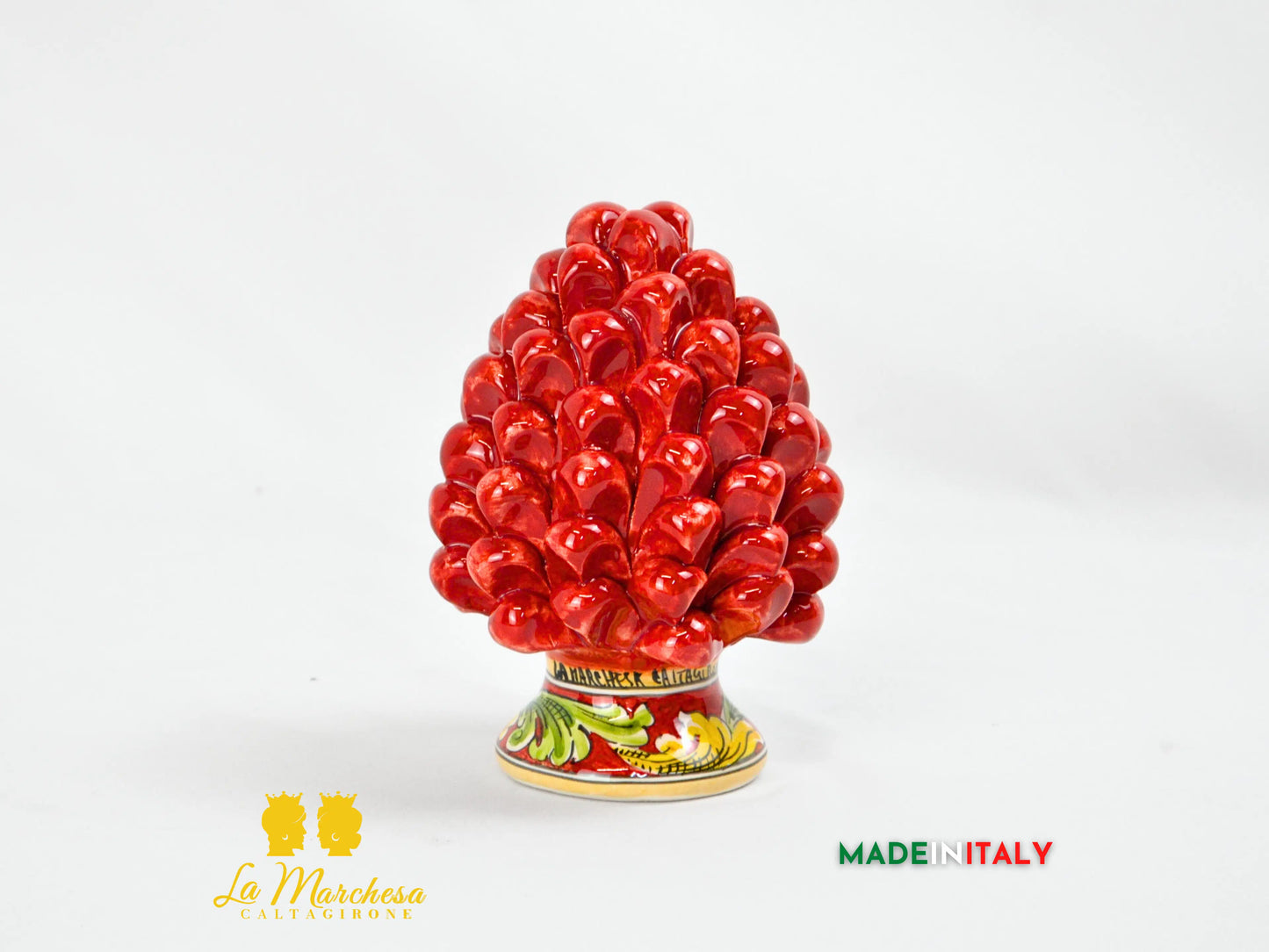 Pigna Siciliana Artigianale Rosso in Ceramica di Caltagirone Base Ornato - Varie Misure