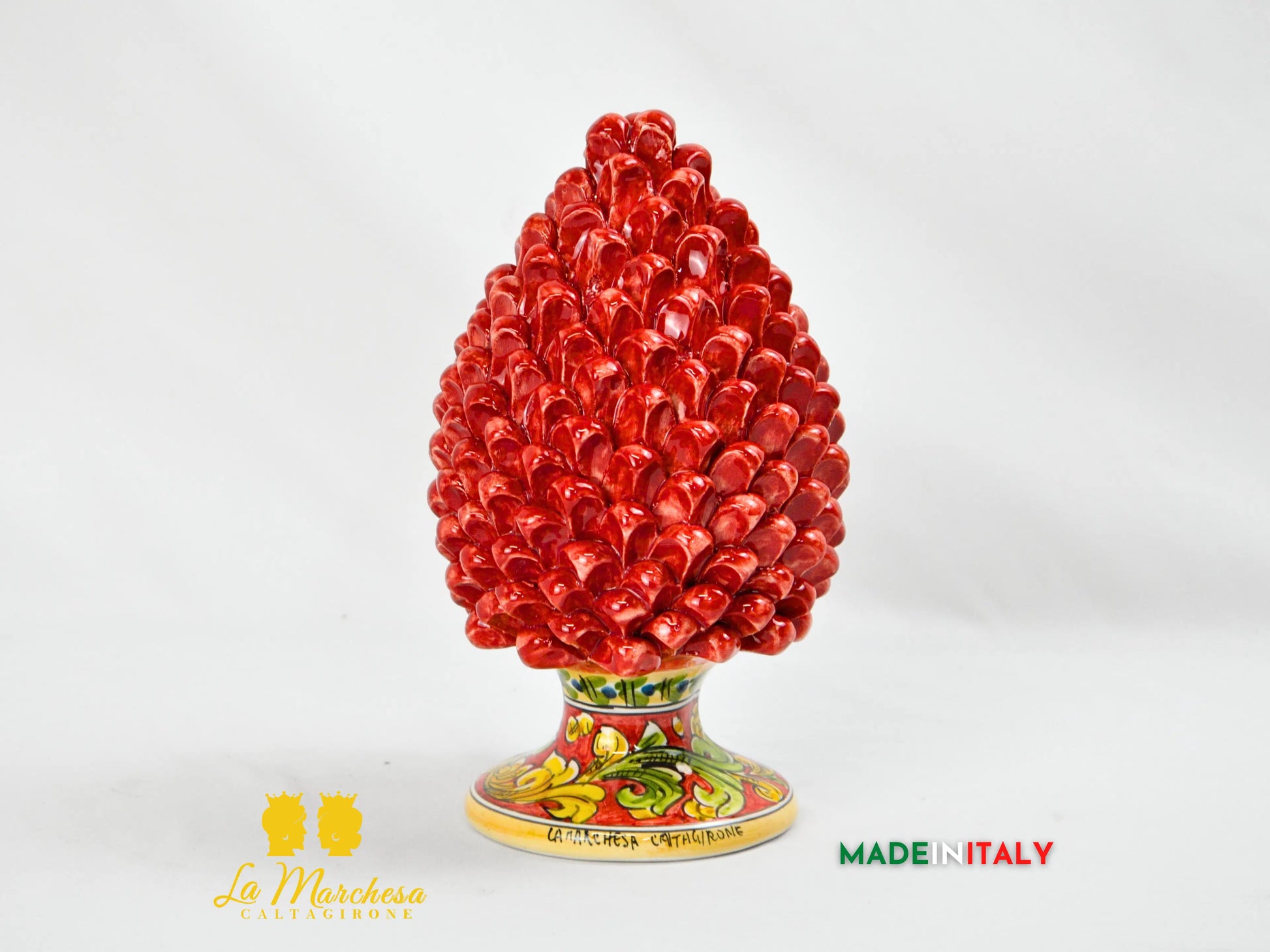 Pigna Siciliana Artigianale Rosso in Ceramica di Caltagirone Base Ornato - Varie Misure