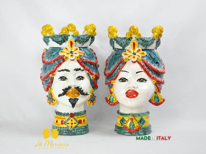 Teste di Moro Corona e Turbante in Ceramica di Caltagirone Sicilia 39cm