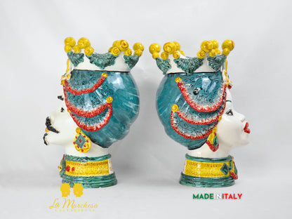 Teste di Moro Corona e Turbante in Ceramica di Caltagirone Sicilia 39cm