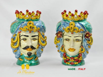 Teste di Moro in Ceramica di Caltagirone turbante verde rame celeste 30cm
