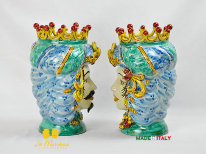 Teste di Moro in Ceramica di Caltagirone turbante verde rame celeste 30cm