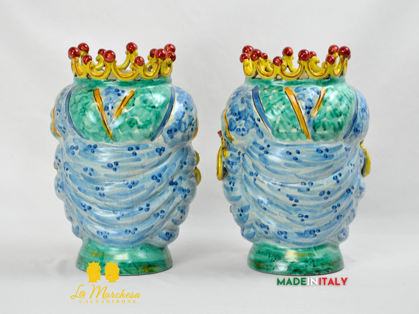 Teste di Moro in Ceramica di Caltagirone turbante verde rame celeste 30cm