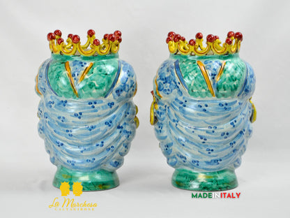 Teste di Moro in Ceramica di Caltagirone turbante verde rame celeste 30cm
