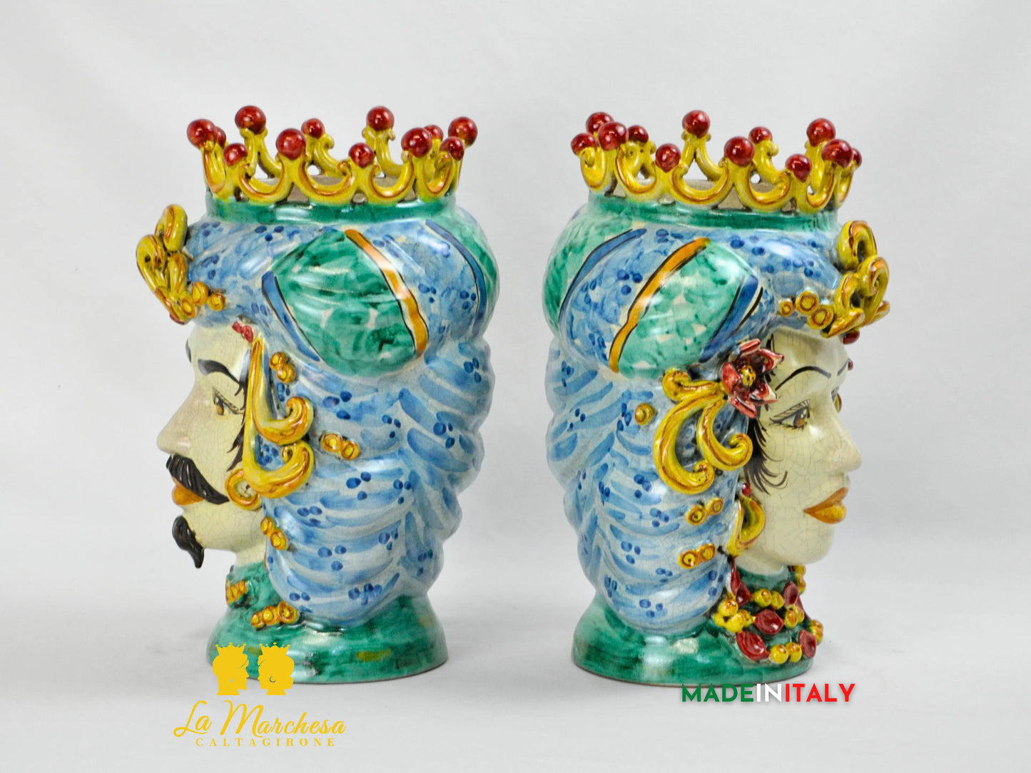 Teste di Moro in Ceramica di Caltagirone turbante verde rame celeste 30cm