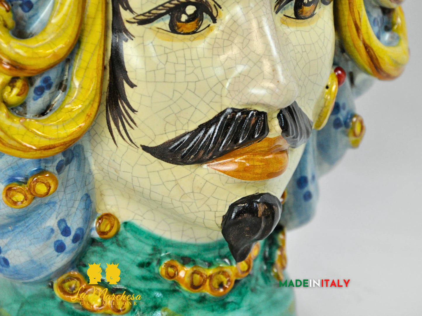 Teste di Moro in Ceramica di Caltagirone turbante verde rame celeste 30cm