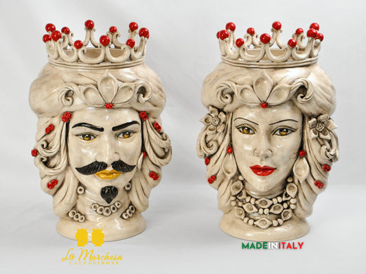Coppia Teste di moro in Ceramica di Caltagirone fumè corona rossa 43cm