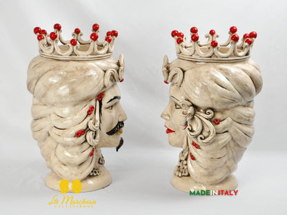 Coppia Teste di moro in Ceramica di Caltagirone fumè corona rossa 43cm