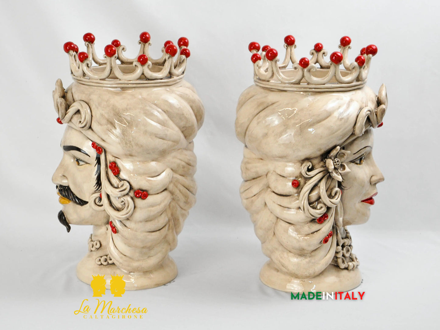 Coppia Teste di moro in Ceramica di Caltagirone fumè corona rossa 43cm