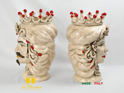 Coppia Teste di moro in Ceramica di Caltagirone fumè corona rossa 43cm
