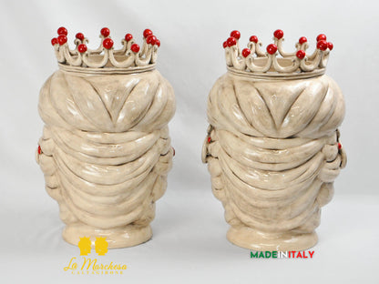 Coppia Teste di moro in Ceramica di Caltagirone fumè corona rossa 43cm