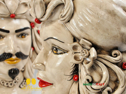 Coppia Teste di moro in Ceramica di Caltagirone fumè corona rossa 43cm