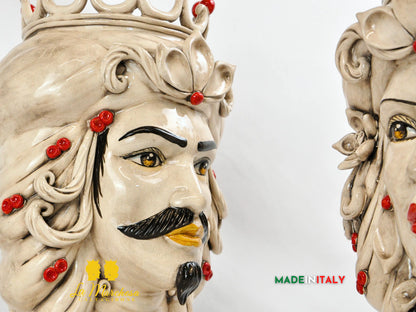 Coppia Teste di moro in Ceramica di Caltagirone fumè corona rossa 43cm