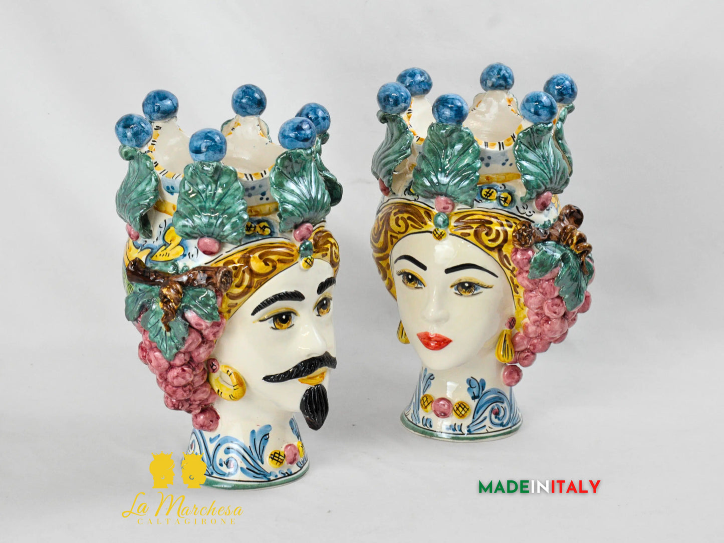 Teste di Moro Corona Foglie e Frutta in Ceramica di Caltagirone 31 cm