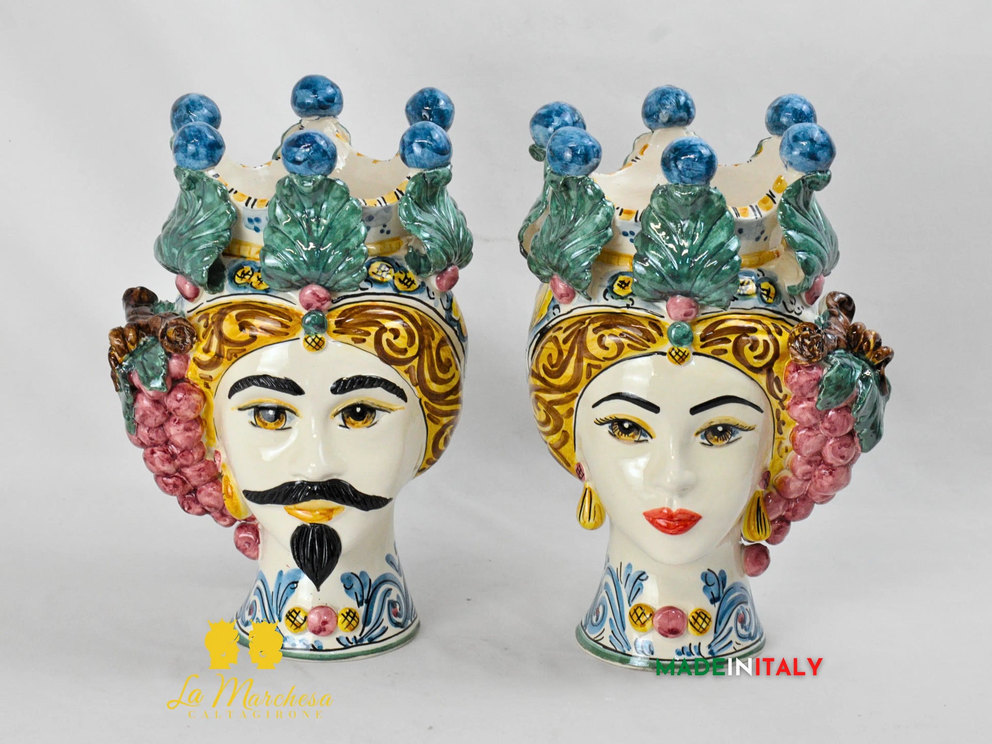 Teste di Moro Corona Foglie e Frutta in Ceramica di Caltagirone 31 cm