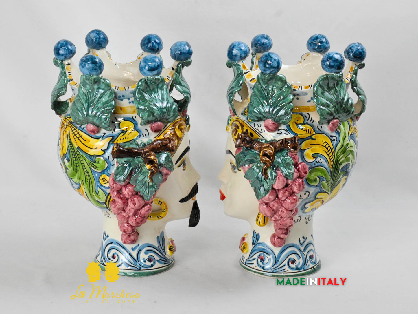 Teste di Moro Corona Foglie e Frutta in Ceramica di Caltagirone 31 cm