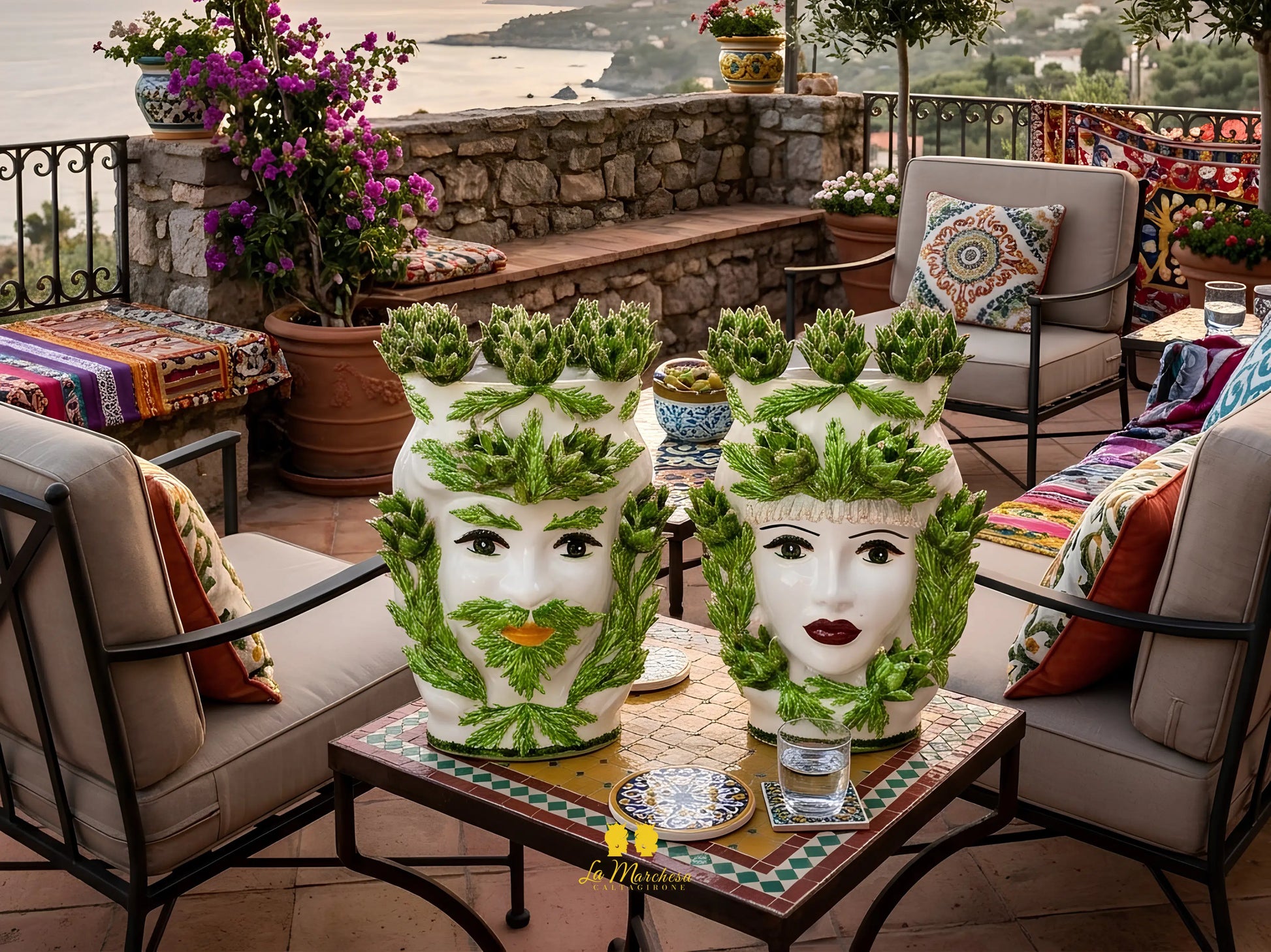 Teste di Moro Siciliane Carciofi in Ceramica di Caltagirone 39cm