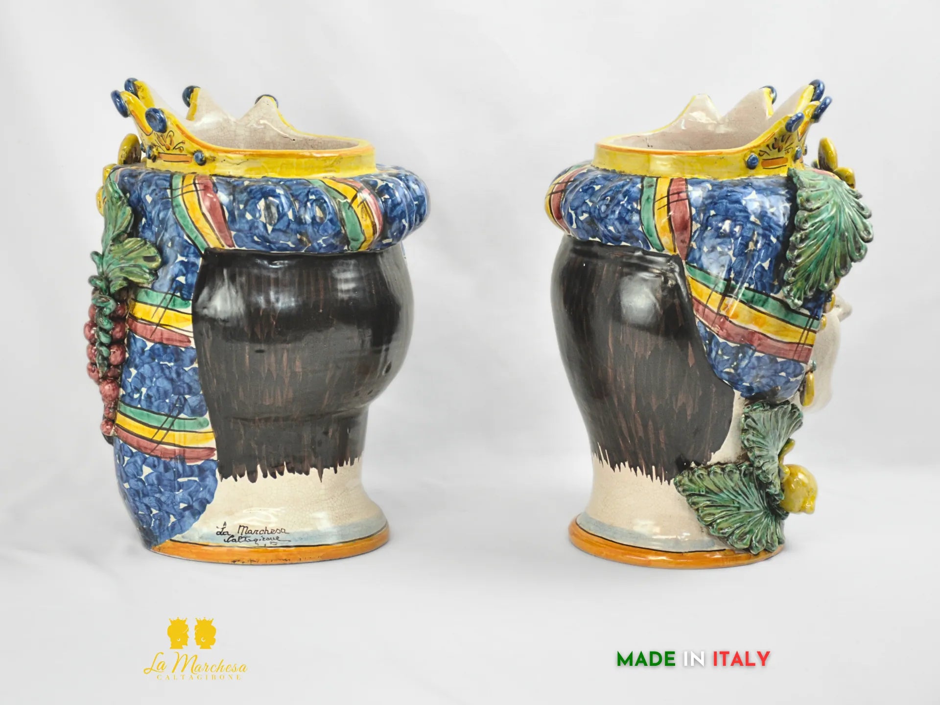 Teste di Moro Siciliane in ceramica Caltagirone con frutta verde rame h39