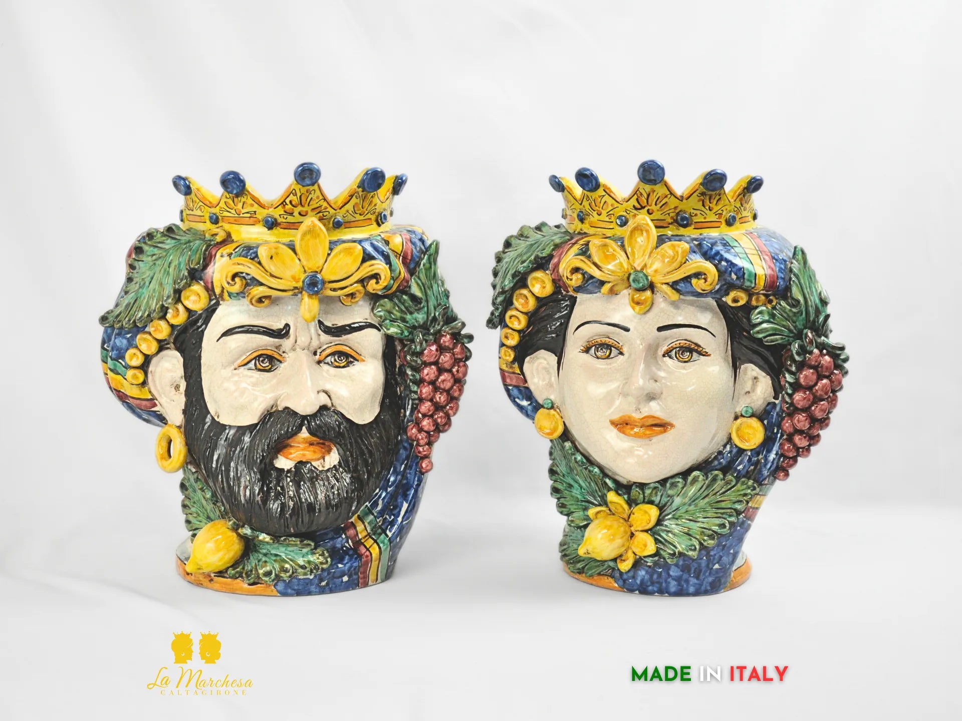 Teste di Moro Siciliane in ceramica Caltagirone con frutta verde rame h39