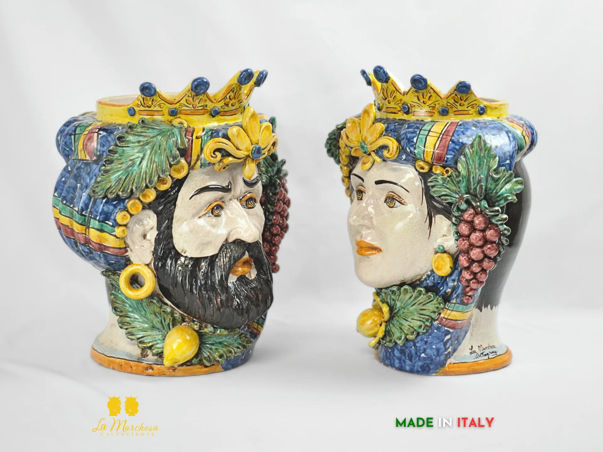 Teste di Moro Siciliane in ceramica Caltagirone con frutta verde rame h39