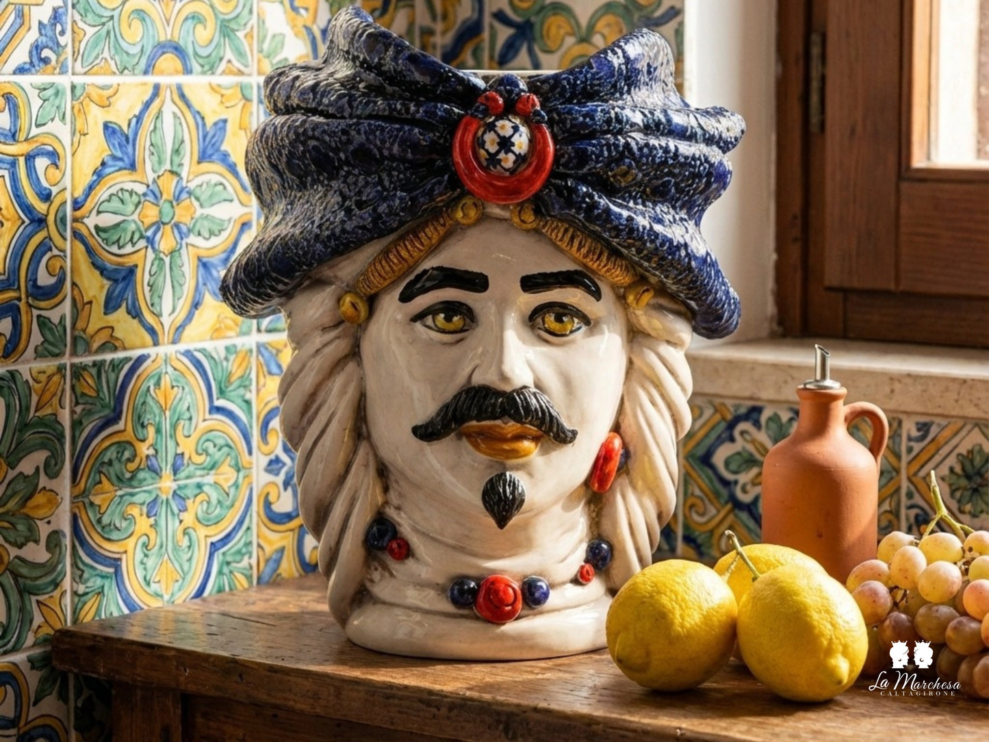 Teste di Moro Turbante Blu Ceramica di Caltagirone 26cm
