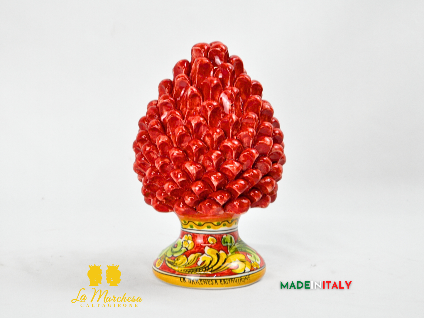 Pigna Siciliana Artigianale Rosso in Ceramica di Caltagirone Base Ornato - Varie Misure