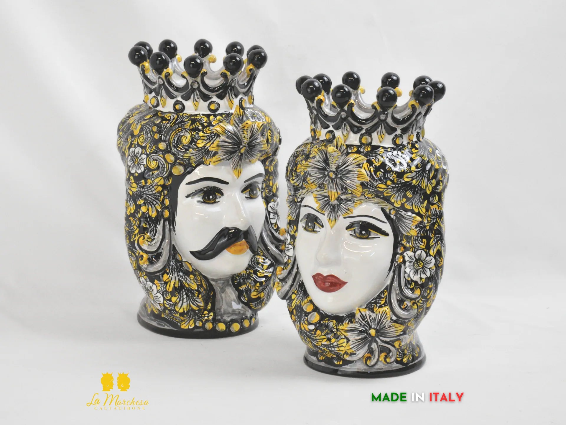 Teste di Moro ceramica di Caltagirone classiche Nero Giallo - altezza 28