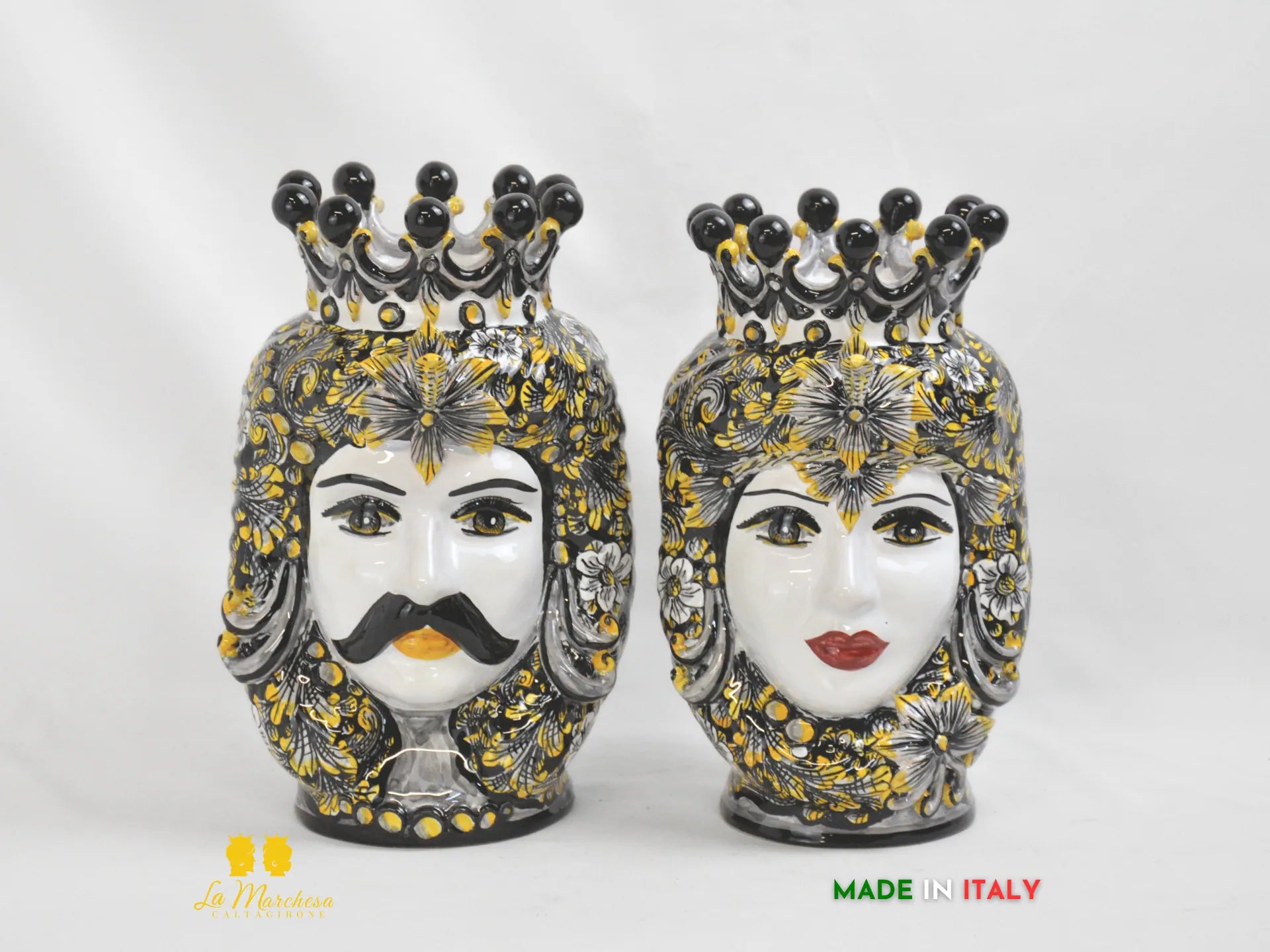 Teste di Moro ceramica di Caltagirone classiche Nero Giallo - altezza 37