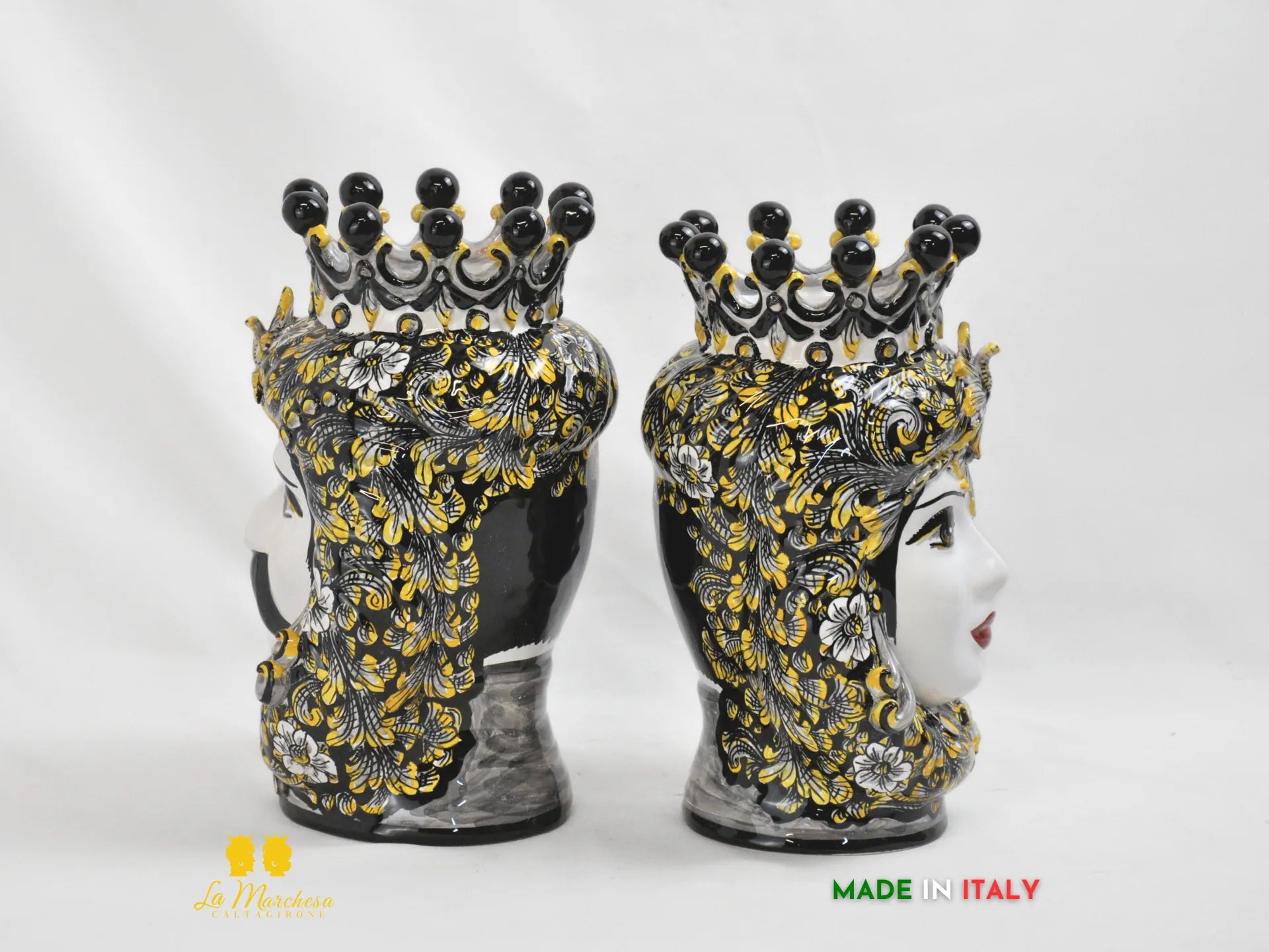 Teste di Moro ceramica di Caltagirone classiche Nero Giallo - vista laterale