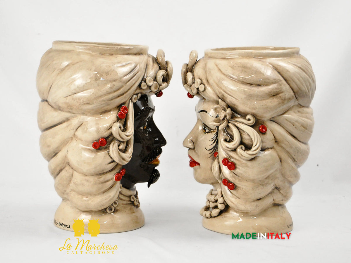 Teste di Moro in Ceramica di Caltagirone Etna Fumè Dettagli Colorati - Vari Modelli