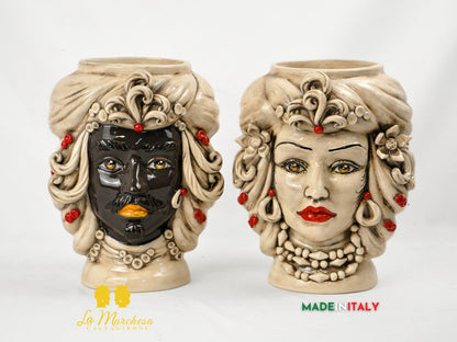 Teste di Moro in Ceramica di Caltagirone Etna Fumè Dettagli Colorati - Vari Modelli