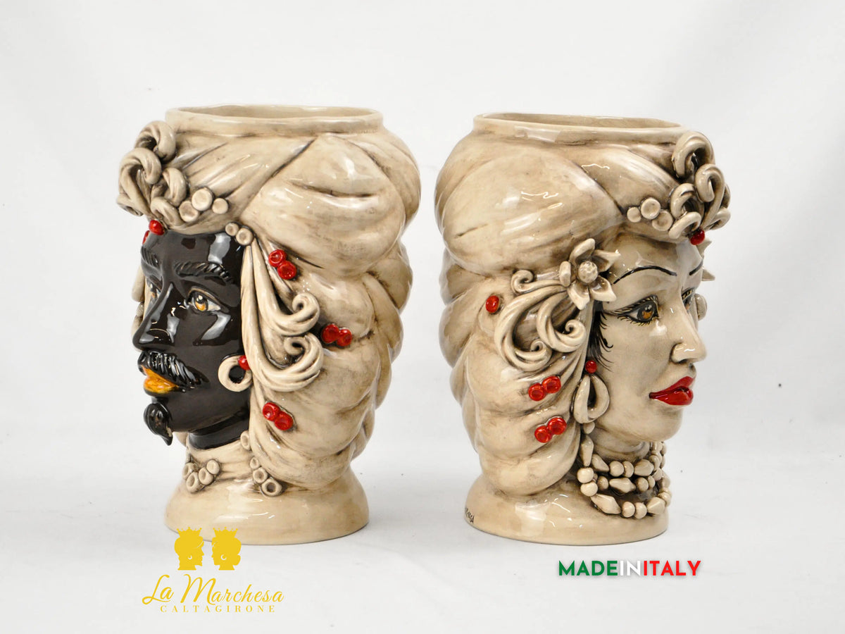 Teste di Moro in Ceramica di Caltagirone Etna Fumè Dettagli Colorati - Vari Modelli