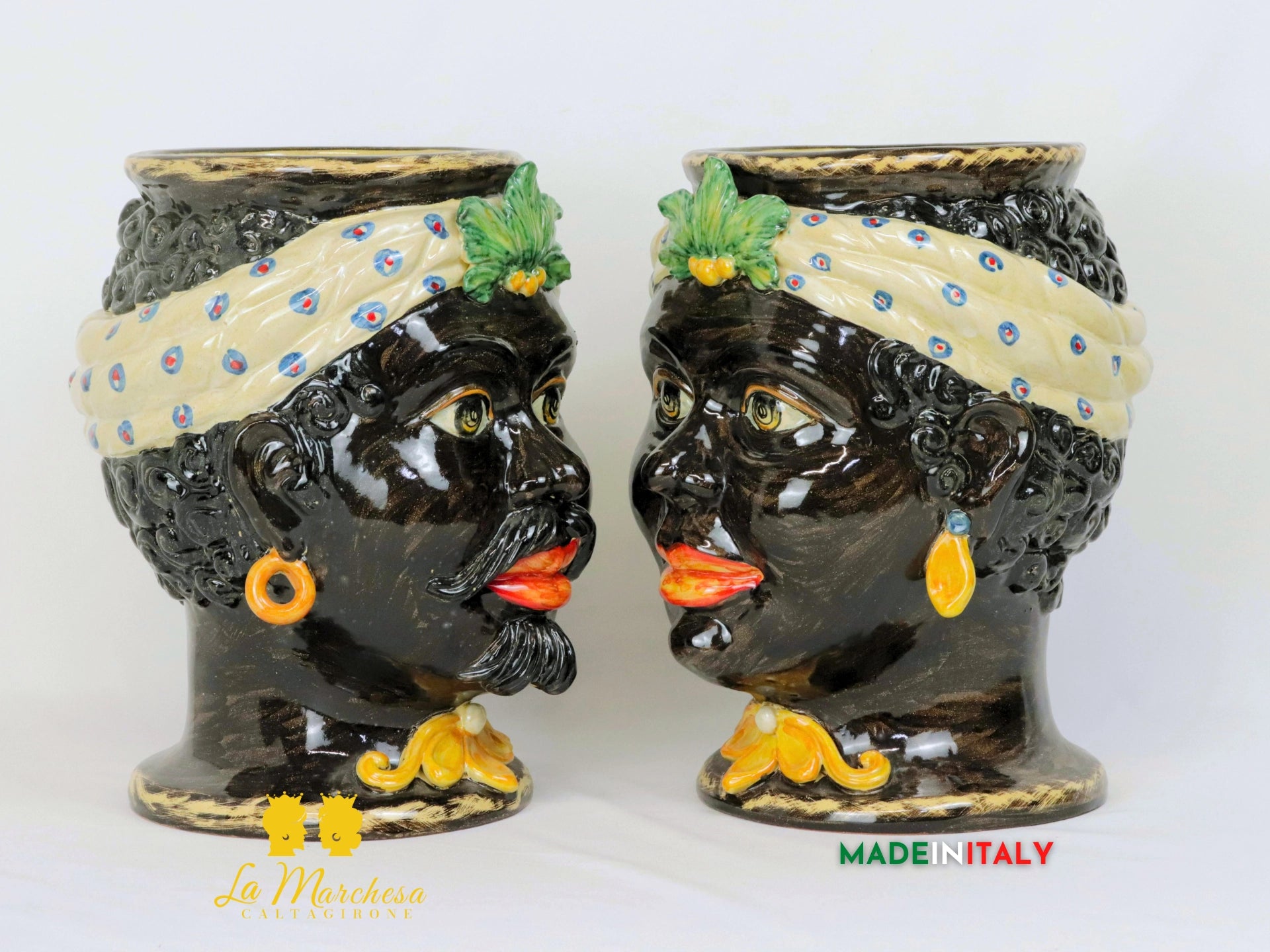 Teste di Moro in Ceramica di Caltagirone con Turbante 30cm