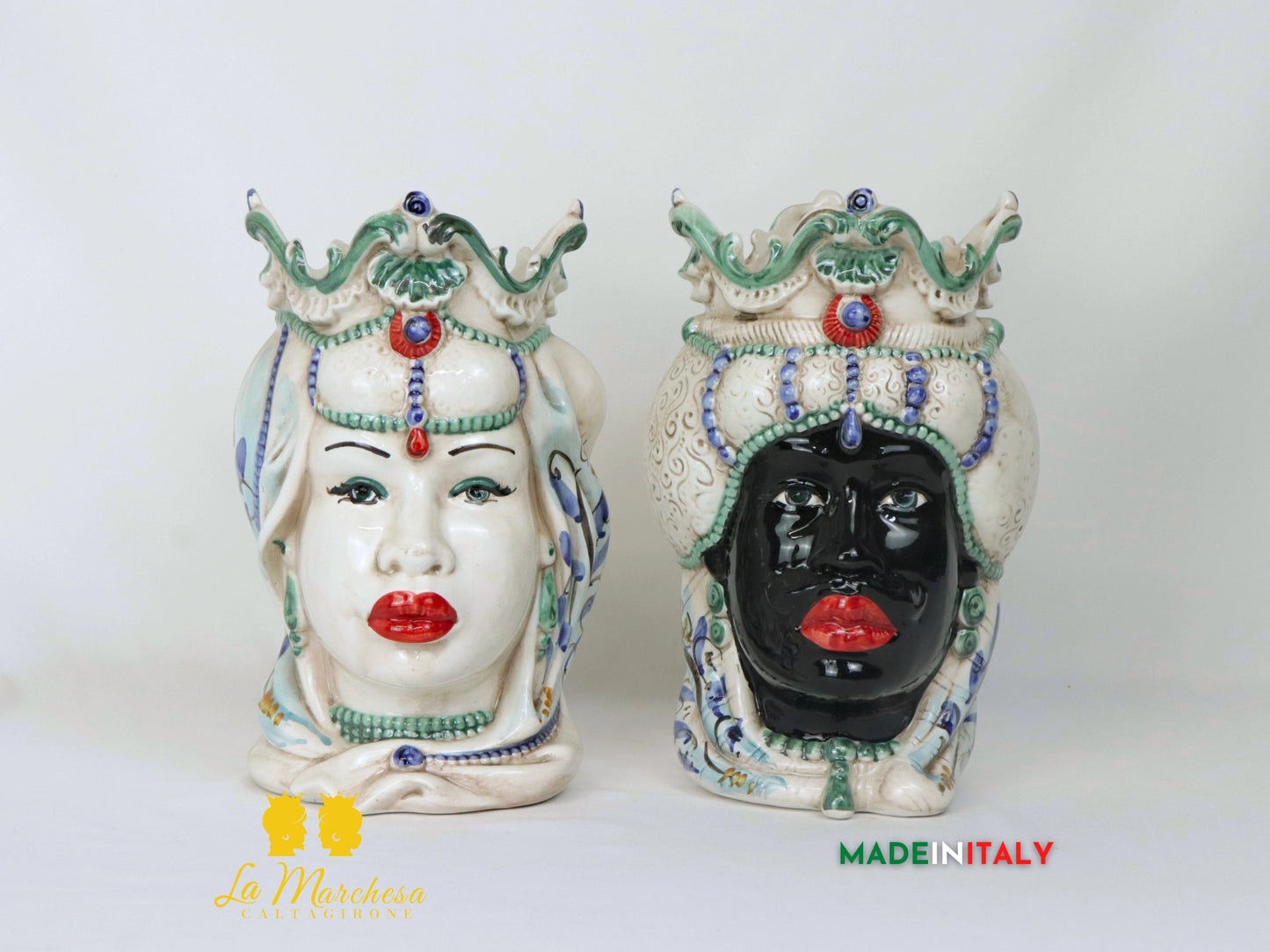 Teste di Moro Afro in Ceramica di Caltagirone Dettagli Verdi - Varie Misure
