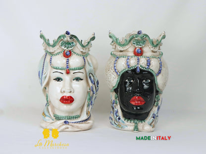 Teste di Moro Afro in Ceramica di Caltagirone Dettagli Verdi - Varie Misure