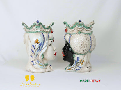 Teste di Moro Afro in Ceramica di Caltagirone Dettagli Verdi - Varie Misure