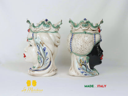 Teste di Moro Afro in Ceramica di Caltagirone Dettagli Verdi - Varie Misure