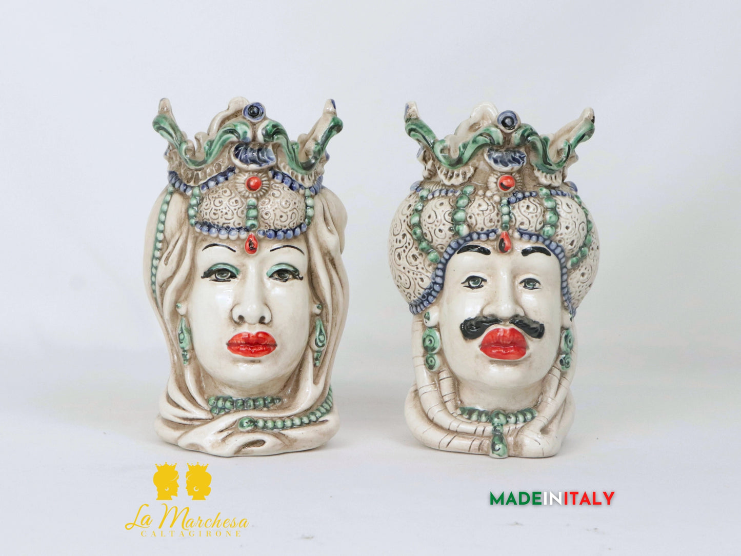 Teste di Moro Afro in Ceramica di Caltagirone Dettagli Verdi - Varie Misure
