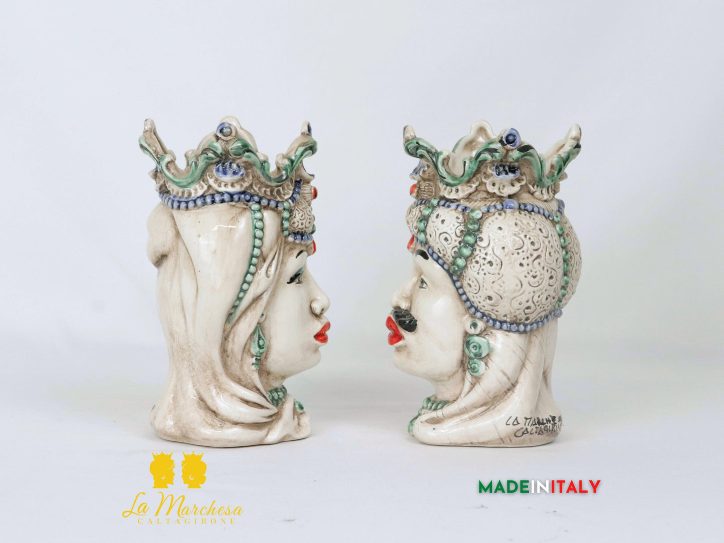 Teste di Moro Afro in Ceramica di Caltagirone Dettagli Verdi - Varie Misure