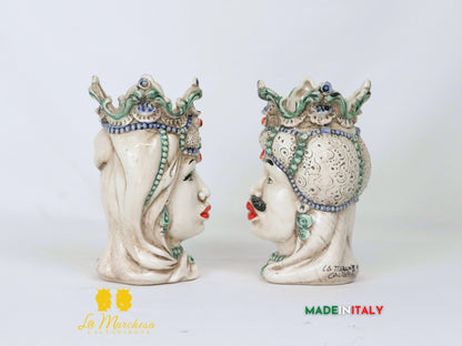 Teste di Moro Afro in Ceramica di Caltagirone Dettagli Verdi - Varie Misure