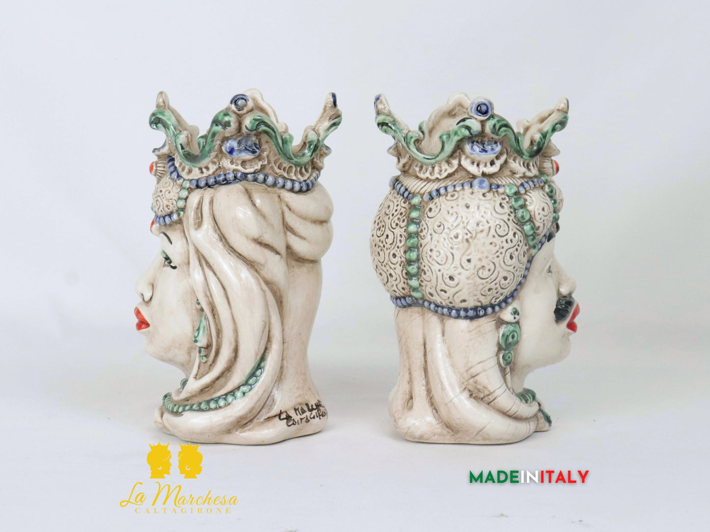 Teste di Moro Afro in Ceramica di Caltagirone Dettagli Verdi - Varie Misure