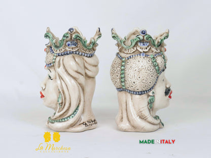 Teste di Moro Afro in Ceramica di Caltagirone Dettagli Verdi - Varie Misure
