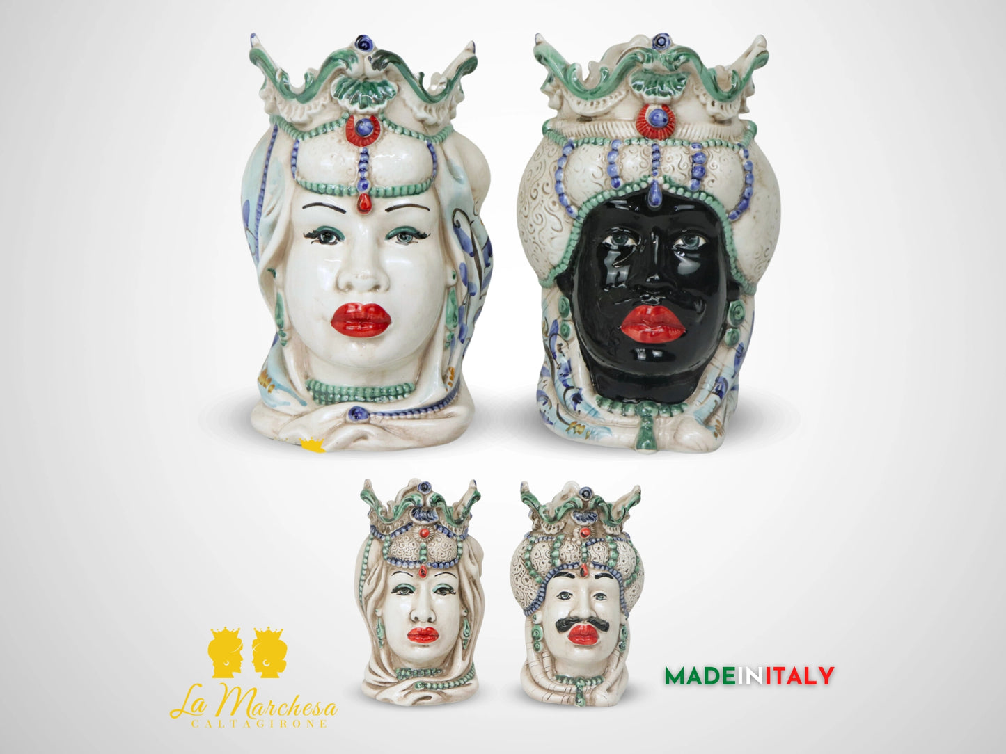 Teste di Moro Afro in Ceramica di Caltagirone Dettagli Verdi - Varie Misure