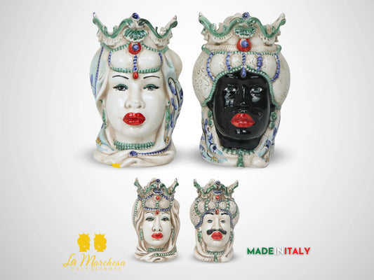 Teste di Moro Afro in Ceramica di Caltagirone Dettagli Verdi - Varie Misure