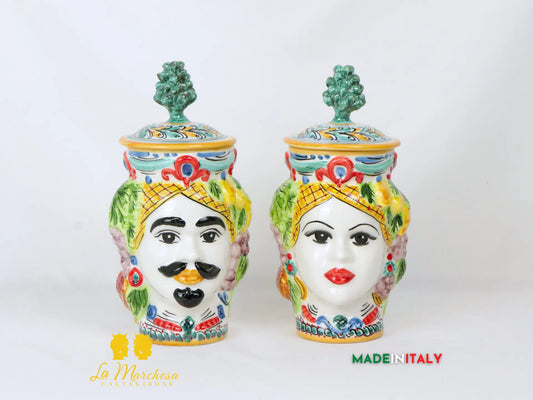 Teste di Moro Barattolo in Ceramica di Caltagirone coperchio pigna 29cm